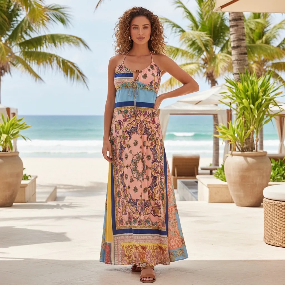 Alice & Trixie Boho Patchwork Halter Maxi Dress Pink Yelloe Size Small